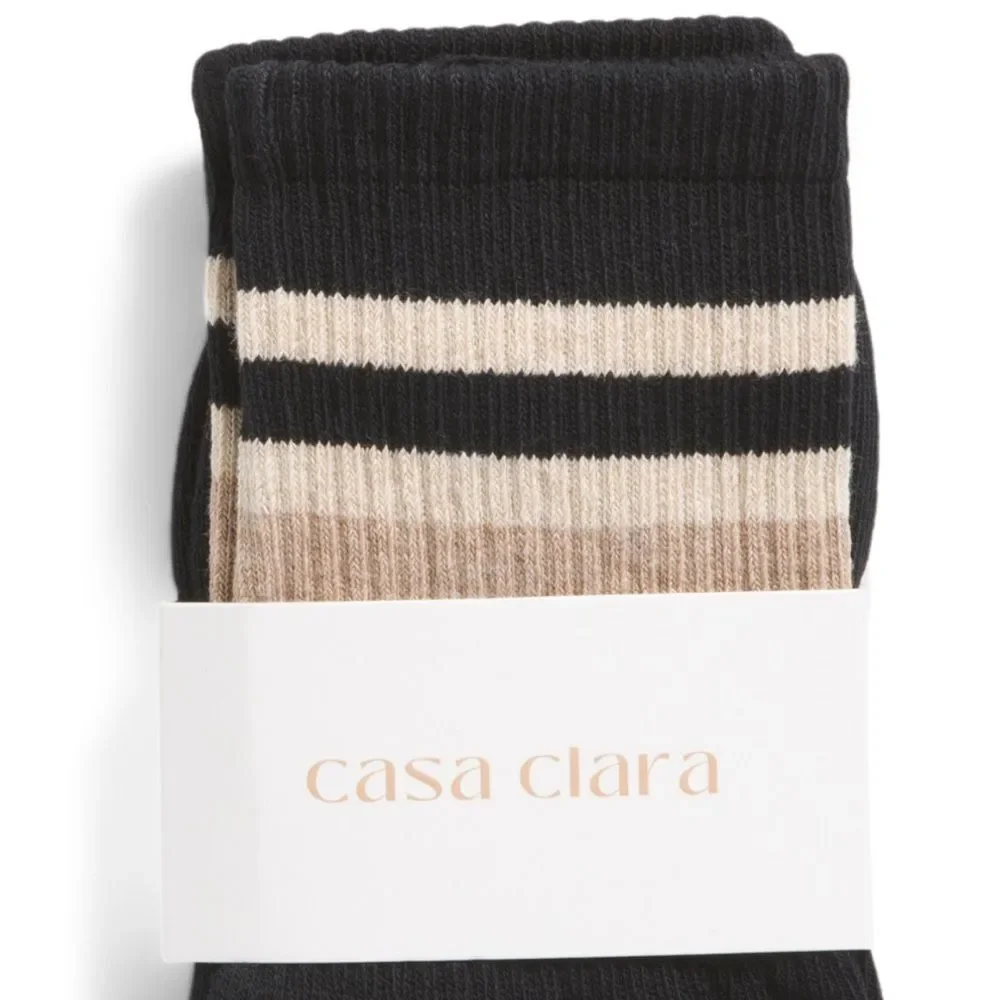 casa clara Lillian Black Taupe Ribbed Varsity Stripe Cotton Blend Crew Socks